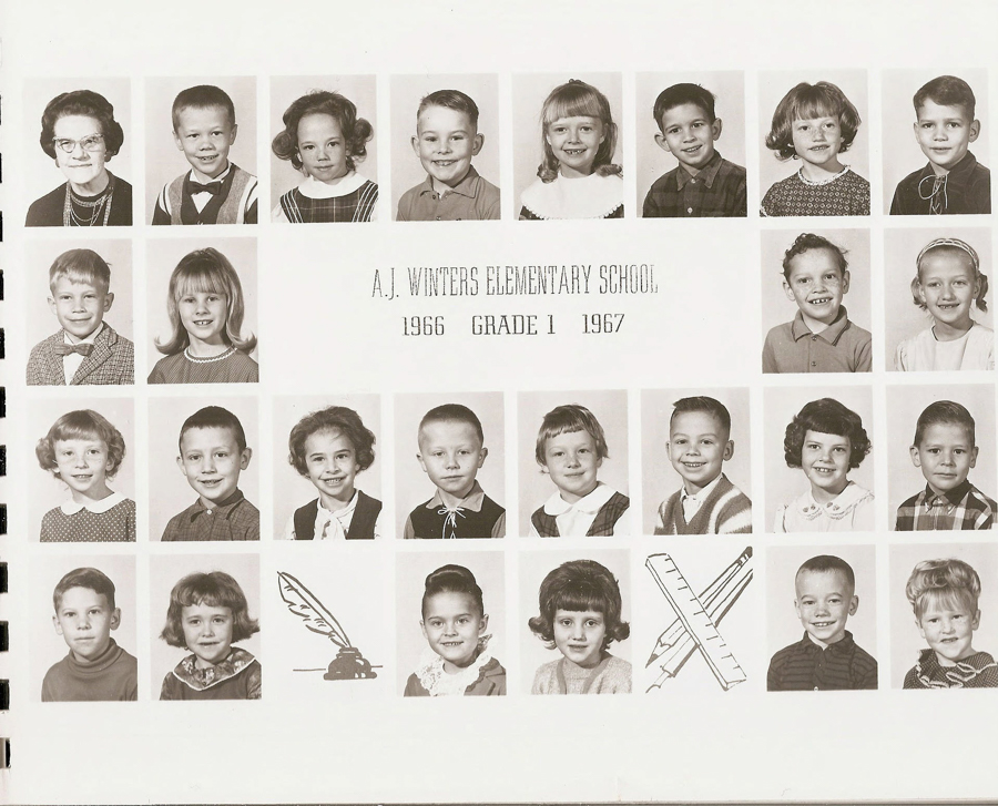A collection of small portraits arranged in a grid, showing children and one adult, presumably a teacher. The text in the center reads: "A.J. Winters Elementary School 1966 Grade 1 1967." The bottom row includes illustrations of a quill with ink and a set of rulers.
