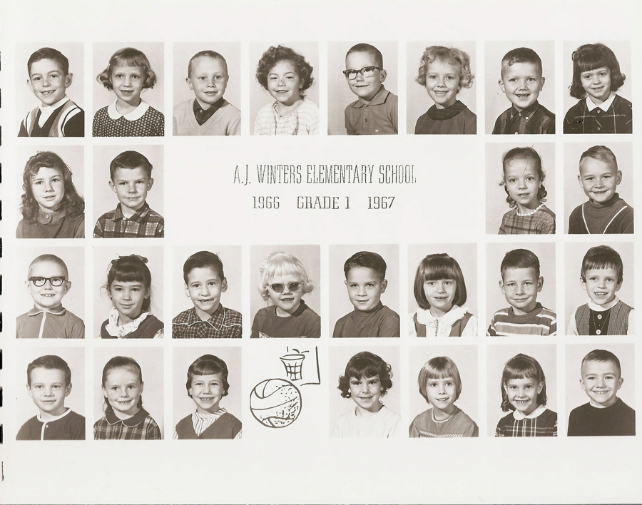 A collection of individual portraits showing children in a grid formation, possibly class photos. There are five rows with five children in each row. In the center, below the second row, the text reads "A.J. Winters Elementary School 1966 Grade 1 1967." The bottom right corner features drawings of a basketball and a hoop.