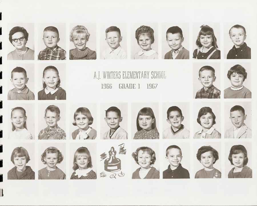 A collection of small portrait photographs arranged in a grid. In the top row, there is an adult on the far left, followed by children. The images show children with various hairstyles and clothing styles typical of the era. The text in the center reads: “A.J. Winters Elementary School, 1966 Grade 1 1967.” There is a small illustration of a globe with a book and pencils in the bottom right corner.