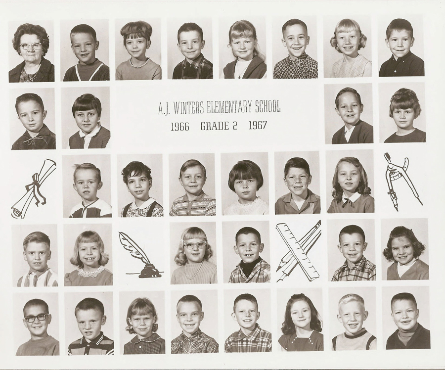 Portraits of children and an adult arranged in rows. The adult is positioned in the first row among the children. Each child is shown in individual square frames. In the center, there is text that reads "A.J. Winters Elementary School 1966 Grade 2 1967." Decorative illustrations of a diploma, quill with inkwell, compass, and ruler are placed around the images.