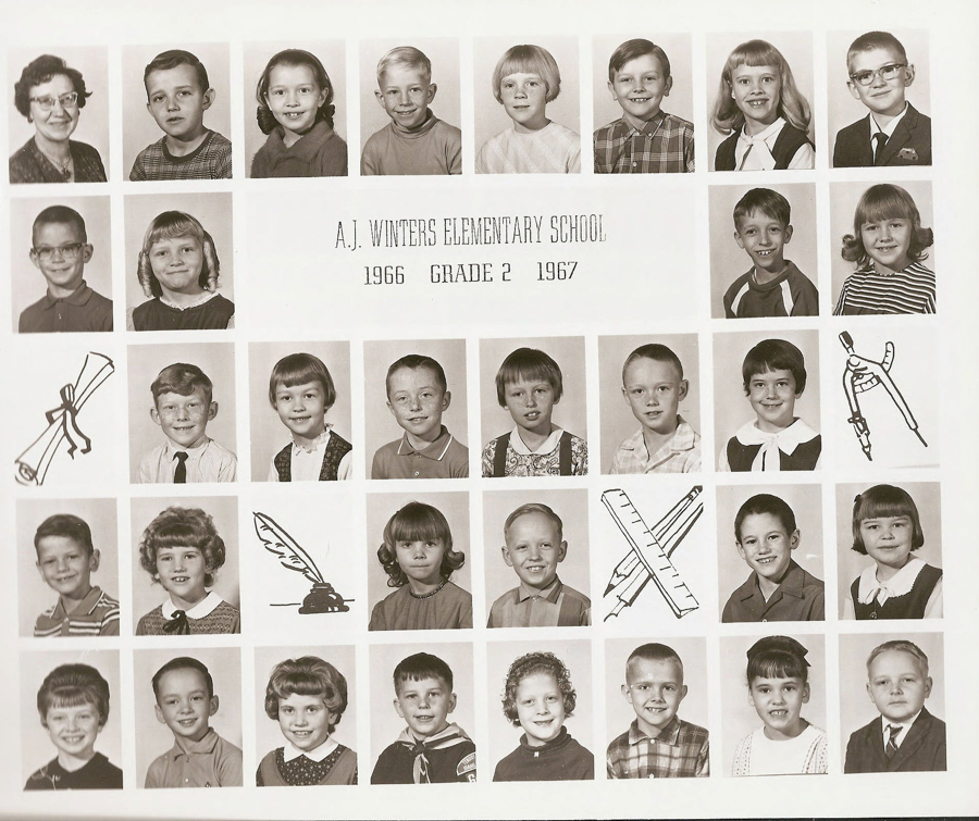 A collection of individual portraits arranged in rows, showing young children and one adult. In the center, there is text that reads "A.J. Winters Elementary School 1966 Grade 2 1967." Decorative drawings of a diploma, feather quill, compass, and ruler are interspersed among the images. The children and the adult are dressed in a variety of attire, including sweaters, collared shirts, and dresses.
