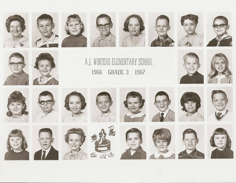 Rows of individual portraits featuring children and one adult arranged in a grid. The text in the center reads: "A.J. Winters Elementary School, 1966, Grade 3, 1967," accompanied by a small illustration of a bell and a book.