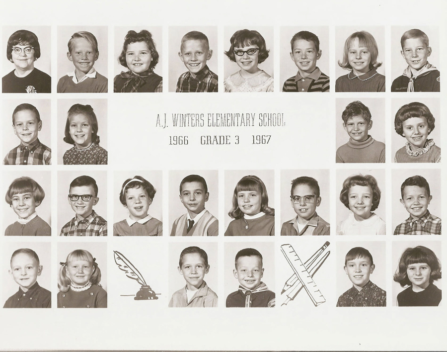 A grid of individual portraits featuring children with various hairstyles and clothing styles. In the center, text reads "A.J. Winters Elementary School, 1966 Grade 3 1967." Below the portraits, there are illustrations of a quill with an inkwell and a set of writing instruments, including a pen and a ruler.