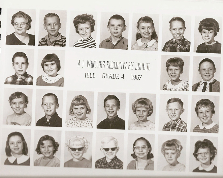 A grid of individual portraits depicting a group of children and one adult. Text in the center reads "A.J. Winters Elementary School, 1966, Grade 4, 1967." The portraits show children smiling and wearing various styles typical of the 1960s.