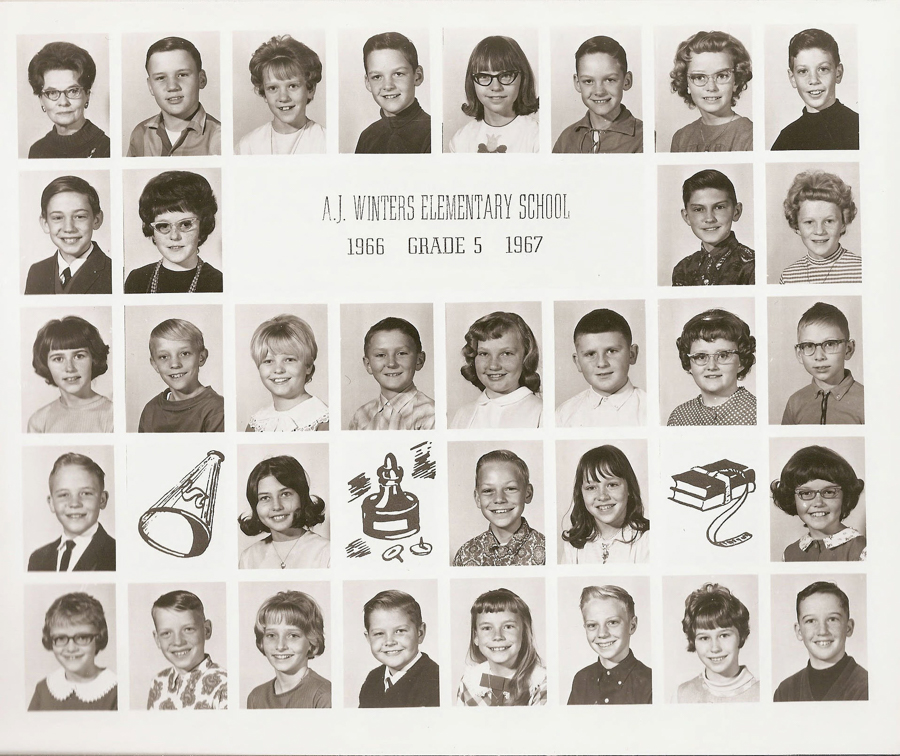 A grid of individual portraits featuring children and one adult. Text in the center reads "A.J. Winters Elementary School, 1966, Grade 5, 1967." The images depict various expressions with boys and girls in typical school attire. Three drawings among the pictures show a megaphone, a bell, and a stack of books.
