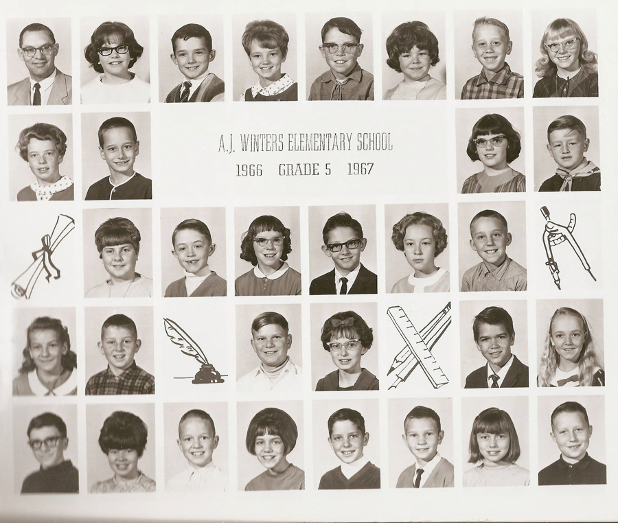 Portraits of a group of children and one adult, arranged in five rows. In the second row, the title "A.J. Winters Elementary School 1966 Grade 5 1967" is displayed. Surrounding the portraits are simple illustrations of a diploma, a quill and ink, a compass, and crossed rulers.