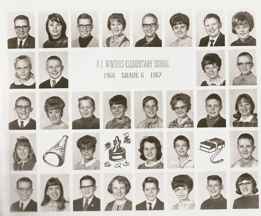 A collage of portraits featuring individual headshots of schoolchildren and a teacher arranged in rows. In the center, text reads "A.J. Winters Elementary School, 1966, Grade 6, 1967." There are illustrations of a megaphone, a trophy, and books among the portraits. The individuals are dressed in typical 1960s attire, with boys in collared shirts and girls in dresses.