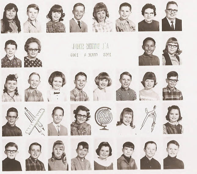 Class composite photographs from A. J. Winters Elementary School, Montpelier, Idaho Row 1:  Mr. Lewis Teuscher, Mrs. Mary Barkdull, Marty Wuthrich, Tammy Driscole, Kim Swa, LuJean Dimick, Ronald Hunzeker, Marjorie Martinez  Row 2:  unknown, unknown, Trudy Ward, Stanley Allred  Row 3:  Brett Kunz, Karen Derricott, Bart Rigby, Helen McLain, Kennon Crane, LouAnn Julian, Deloy Romrell, Kathy Bills  Row 4:  Shawna Fugate, unknown, Sheri Rigby, Tim Johnson, Steven Gladwin  Row 5:  Brad Woolstenhulme, Michael Bartlome, Jeff Bartlome, Julie Kunz, Ricky Grunig, Debra Hunzeker, Kyle Skinner, Lamont Price