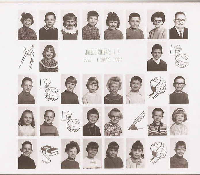 Class composite photographs from A. J. Winters Elementary School, Montpelier, Idaho  Row 1:  Mr. Lewis Teuscher, Mrs. Lucille Evans, Brian Lyon, Teri Hunzeker, Dan Dimick, Sandra Hulme, Claude ?  Teresa Hymas   Row 2:  Greg Gladwin, Penny ?  Row 3:  unknown, George Wilde, Karen Driscoll, unknown, Sharon Page, Jay Layland   Row 4:  Margo Jensen, Jess Sanders, Pamela Crane, Laurie Larsen, unknown, DaNae Kunz   Row 5:  Troy Hymas, Tina Hemmert, Sally Grunig, Teresa Stoor, Lori Ream, Drew Larsen