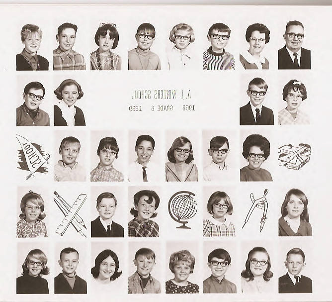 Class composite photographs from A. J. Winters Elementary School, Montpelier, Idaho  Row 1: Mr. Lewis Teuscher, Mrs. Barbara Grandy, Ed Lyon, Susan Dunn, Ricky Grunig, Connie Carver, Richard Price, Paulette Hart  Row 2:  Vickie Bunn, Rich Burgoyne, Janet Jewell, Rhett Phelps  Row 3:  Loye Nield, Phillip Owsley, Rhonda Armatage, Scott Esquibel, Robin Parker, Brent Kunz  Row 4:  Kathryn Loertscher, Christine Hymas, Randa Dimick, Dean Burdick, Lisa Whitaker  Row 5:  Ken VanDarlin, Mary Burdick, Bruce Portela, Gail Ward, Richard Crane, unknown, Eldon Bird, Kathy Teuscher