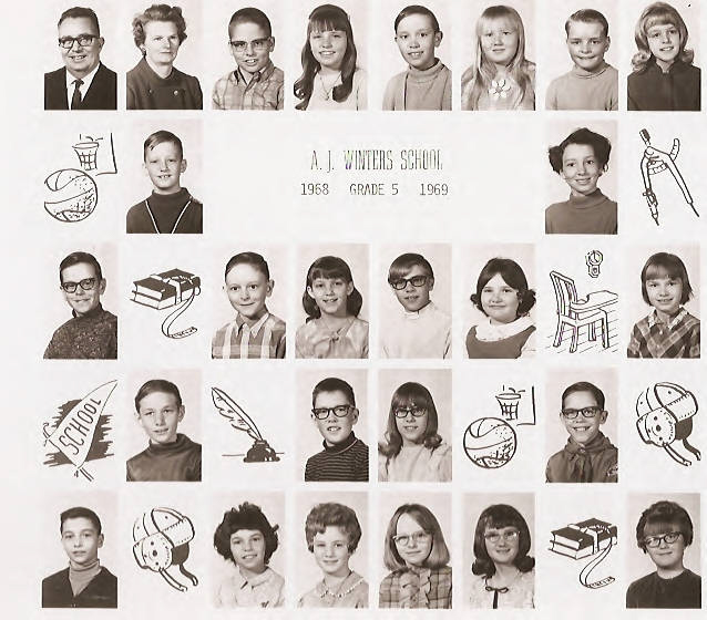 Class composite photographs from A. J. Winters Elementary School, Montpelier, Idaho  Row 1: Mr. Lewis Teuscher, Mrs. Jean Keetch, Keith Thompson, DeAnn Layland, David Barnson, Keelie Anderson, Dennis Bills, Earlene Johnson  Row 2:  Bob Larsen, unknown  Row 3:  Robert Cook, Mike Price, Cynthia Jacobsen, Kim Hirschi, Sherry Hansen, Ruth Kunz  Row 4:  Shane Rigby, Brad LeGrande, DeAnn Danks, D. Nowland  Row 5:  Donald Bird, Vicky Lewis, Lisa Rasmussen, Diane Christensen, Julie Cook, Dawn Humburg