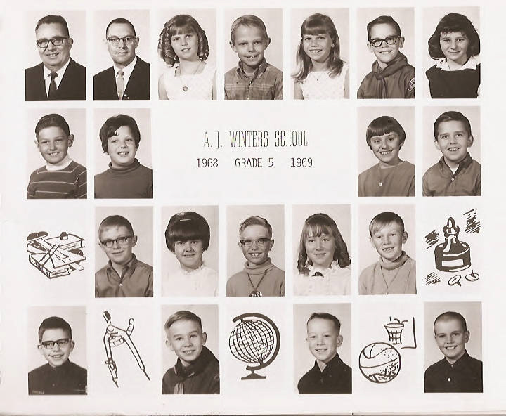 Class composite photographs from A. J. Winters Elementary School, Montpelier, Idaho  Row 1:  Mr. Lewis Teuscher, Mr. Verlaine Larsen, Lori King, Orie Shreve, Tammy King, D. Nowland, Margaret Ann Beyler  Row 2:  David Finch, Charlene Price, Bonnie Peterson, Kent Collingston  Row 3:  Matt Lewis, Marjorie Lloyd, Terry Parker, Brenda Cole, Steven Dimick  Row 4:  unknown, Bruce Brown, Paul Larsen, unknown