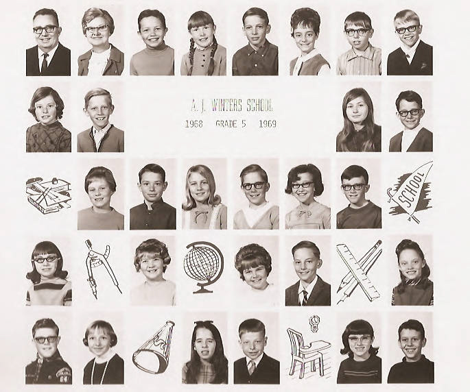 Class composite photographs from A. J. Winters Elementary School, Montpelier, Idaho  Row 1:Mr. Lewis Teuscher, Mrs. Minnie Mahlock, Scott Stewart, Kathy Woolstenhulme, Mike Mitchell, Cathy Berger, David Lyon, Brent Rich  Row 2:  Jolyn Parker, Clyde Jensen, Sundae Crane, Tom Hulme  Row 3:  Deanna Widmer, Val Lee, Christy Williams, Paul Marx, Diane Bischoff, Mike Wigington  Row 4:  Kim Pitchford, Teresa Teuscher, Karlene Hirschi, Mike Jensen, Patty Kunz  Row 5:  Ronald Lewis, unknown, Roberta Tauscher, Grant Nelson, Kristy Doman, Kyle Kunz
