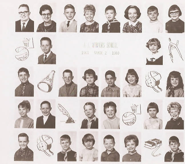 Class composite photographs from A. J. Winters Elementary School, Montpelier, Idaho  Row 1:  Mr. Lewis Teuscher, Mrs. Berniece Pendrey, Kurt Swa, Julie Nielsen, unknown, Becky Lyon, Scott Wright, Rosa Linda Stephens   Row 2:  Tom Price, Marian Rowland   Row 3:  Brett Hymas, Doug Price, Ann Marie Keetch, Roger Hirschi, Leslie Wigington, Lorna Lloyd   Row 3:  Kathy Eastman, Rand Pugmire, David ?  Karen Skroh, Tracy Lyon, Lori Jacobson  Row 5:  unknown, Eric Perkins, unknown, Bruce Daines, Janene Bird, Scott Poag