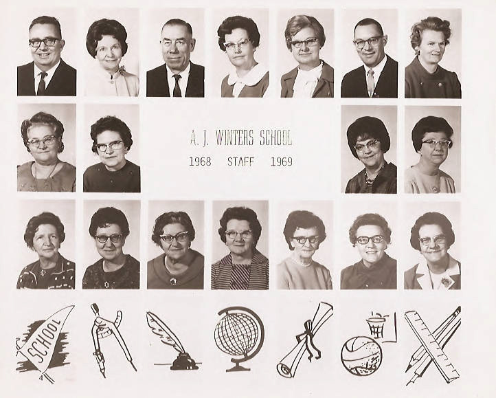 1068 Staff photographs from A. J. Winters Elementary School, Montpelier, Idaho    First Row:  Mr. Lewis Teuscher,  Fern Pope, Truman Rigby, Barbara Grandy, Minnie Mahlock, Verlaine Larsen, Jean Keetch   Row 3:  Mabel Rex, Mary Barkdull, Rosina Jewett, Gwen Sharpe   Row 3:  Margaret Esterholdt, Berniece Pendrey, Esma Parker, Mae Aland, Lucille Evans, Rose Dunn, Claricee Anderson.