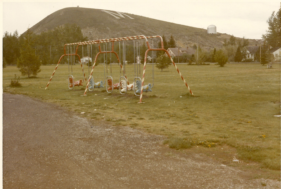 A playground with a set of swings in an open grassy area. The swings have animal-shaped seats. In the background, there is a large hill with a white letter "N" on it and some buildings, including a cylindrical structure. Trees and shrubs are scattered throughout the landscape.
