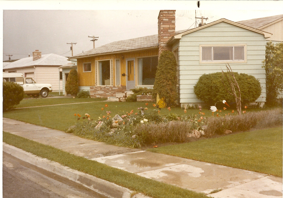 A suburban house with light blue siding and a brick chimney. In front, there is a well-maintained lawn with flower beds containing orange and red flowers. Decorative figures of a butterfly and a stork are visible in the garden. A white car is parked in the driveway next to the neighboring house. Utility poles and lines can be seen in the background.