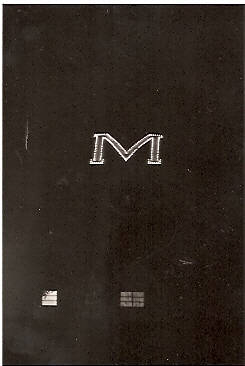 A large letter "M" is centrally positioned at the top. Below, there are two small squares, each containing an indistinct set of elements. The background is dark and plain.