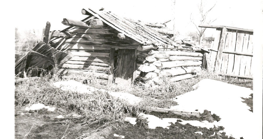 A dilapidated log cabin with a partially collapsed roof. The surrounding ground is covered with patches of snow and dry grass. A wooden fence is visible on the right side, and bare trees are in the background.