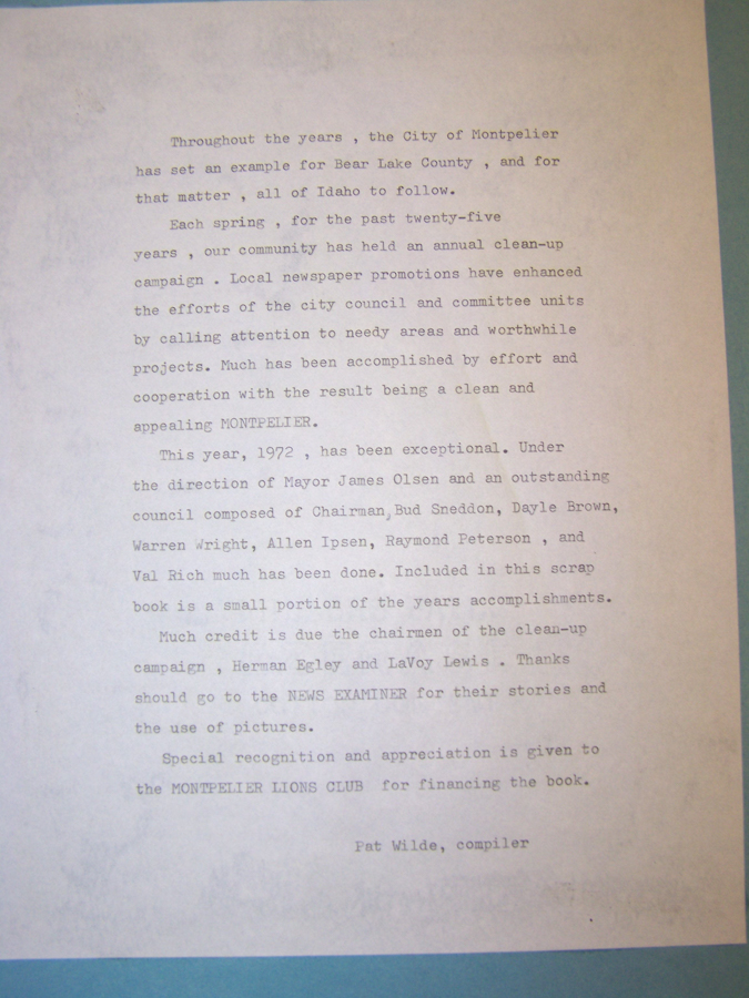 Text on a page highlighting the City of Montpelier's annual clean-up campaign success. It credits efforts by city leaders like Mayor James Olsen and committee members. The compilation acknowledges local newspaper support and thanks the News Examiner and Montpelier Lions Club for contributions and financing. Compiled by Pat Wilde.