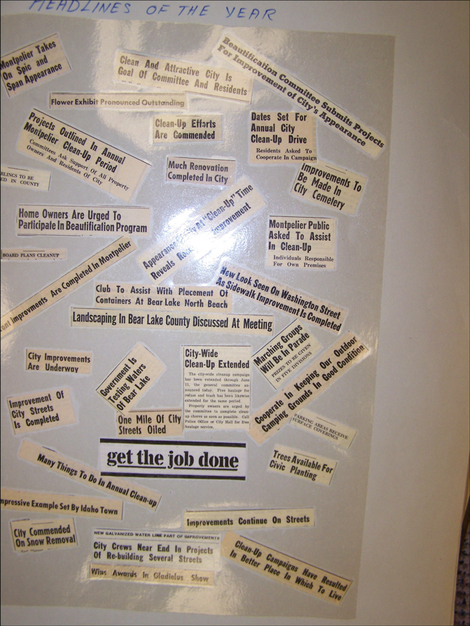 A collection of newspaper clippings arranged in a collage, displaying various headlines. The headlines cover topics about city beautification, clean-up efforts, renovation projects, and improvements. Phrases include "Clean And Attractive City Is Goal Of Committee And Residents," "Clean-Up Efforts Are Commended," "Dates Set For Annual City Clean-Up Drive," "Projects Outlined In Annual Montpelier Clean-Up Period," and "get the job done." The text "HEADLINES OF THE YEAR" is written at the top.