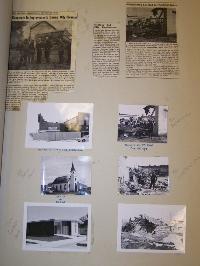 A collection of newspaper clippings and photographs on a page. The clippings discuss city cleanup and building removal. There are six photographs. The first shows a building marked "K" with the text "MAKING WAY FOR EXPANSION." The second picture is of a person standing amid rubble labeled "Down with old buildings." Two photos of churches are labeled "OLD" and "NEW CATHOLIC CHURCH," depicting an old church with a steeple and a newer, modern structure. The top right photograph shows demolition rubble with the caption "Old Building Leveled for Parking Space." Additional handwritten notes appear next to the images and clippings.