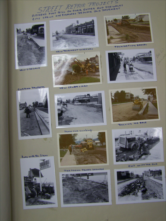 Street Repair Projects

A series of images depicting various stages of street repair. Each image has a handwritten label:

1. "New Sidewalk" shows a freshly completed sidewalk.
2. "New Pavement Underway" depicts ongoing paving work.
3. "Foundation Gravel" features groundwork being prepared.
4. "Curbing Projects" shows curb construction.
5. "New Sewer Lines" illustrates sewer line installation.
6. "Rolling the Base" shows equipment compacting the road base.
7. "Ready for Curbing" features preparatory work for curb installation.
8. "Away with the Signs" shows workers removing road signs, with a visible Uniroyal sign.
9. "Preparing Proper Drainage" depicts drainage preparation work.
10. "Out with the Old" shows the removal of old pavement.

This collection highlights different aspects of infrastructure improvement in an urban setting. Handwritten notes at the top state: "Street Repair Projects," and mention the involvement of citizens and city crews in the financing and execution of the repairs. There is a faint handwritten note with a name.
