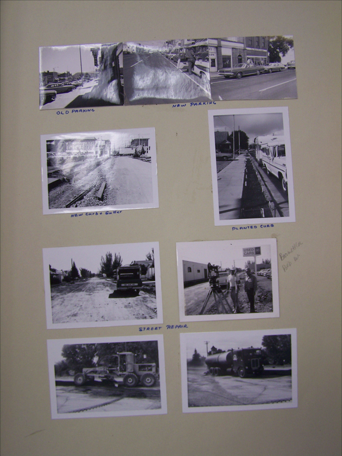 A collection of seven images depicting various street scenes and conditions. The top two images show comparisons of old and new parking areas, labeled "OLD PARKING" and "NEW PARKING." Below, there is an image of a street under construction, labeled "NEW CURBS - CENTER." Next to it, another image shows a street with slanted curbs, labeled "SLANTED CURB." The bottom row displays three images: a street in need of repair, labeled "STREET REPAIR," and two images of machinery involved in street work. Handwritten notes mention "BENNETT BLD WS."