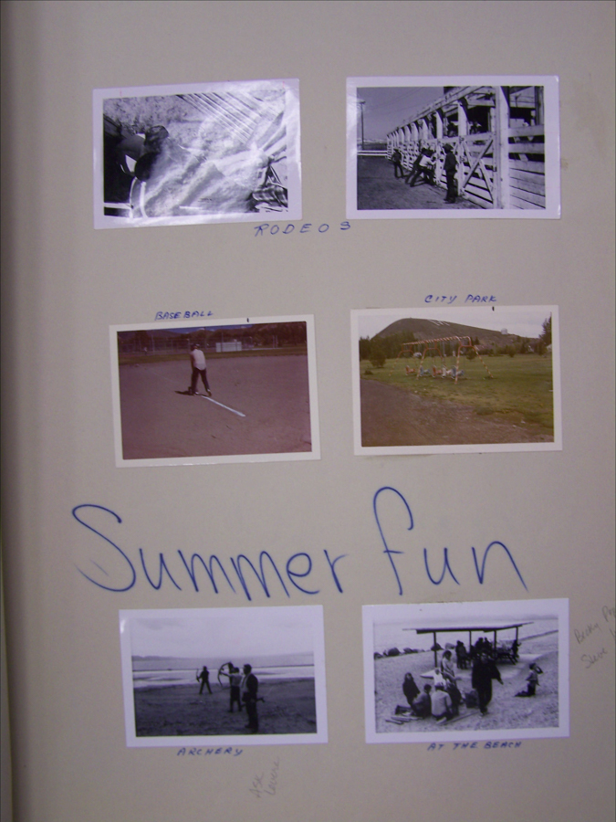 Four rows of images on a page with handwritten captions. The top row has two images labeled "RODEO." The second row has one image of a person with a baseball bat labeled "BASEBALL," and another image with children playing on swings labeled "CITY PARK." The bottom left image shows people holding bows, labeled "ARCHERY." The bottom right image shows a group gathered under a shelter labeled "AT THE BEACH." The words "Summer fun" are written in large letters in the center. Handwritten notes appear in the margins.