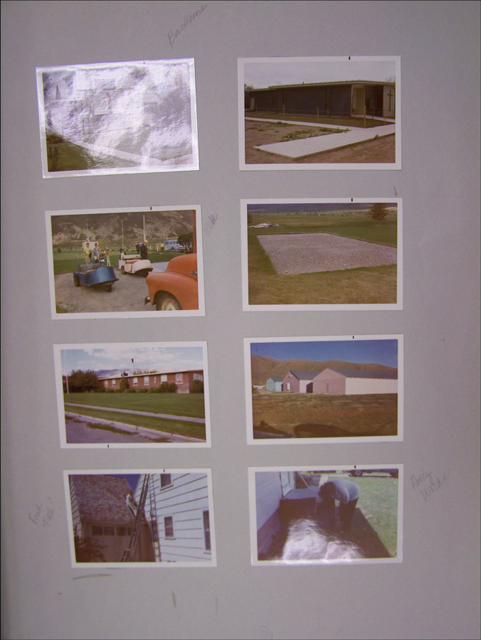 Eight photographs arranged on a gray background. Handwritten notes next to some photos: "Bordelon," "Wilde," and "Dolly Wilde?" 

1. A blank or misprinted photo with no visible image.
2. A long, single-story building with a cross near the entrance and a paved path leading to it.
3. A group of adults and children on a small ride, next to an orange car in a park setting.
4. A rectangular gravel area in an open green space.
5. A single-story building with a manicured lawn and mountains in the background.
6. Two buildings, one pink and one turquoise, set against barren hills.
7. A person on a ladder against a house with a gabled roof.
8. A person bending down near an outdoor area beside a house.
