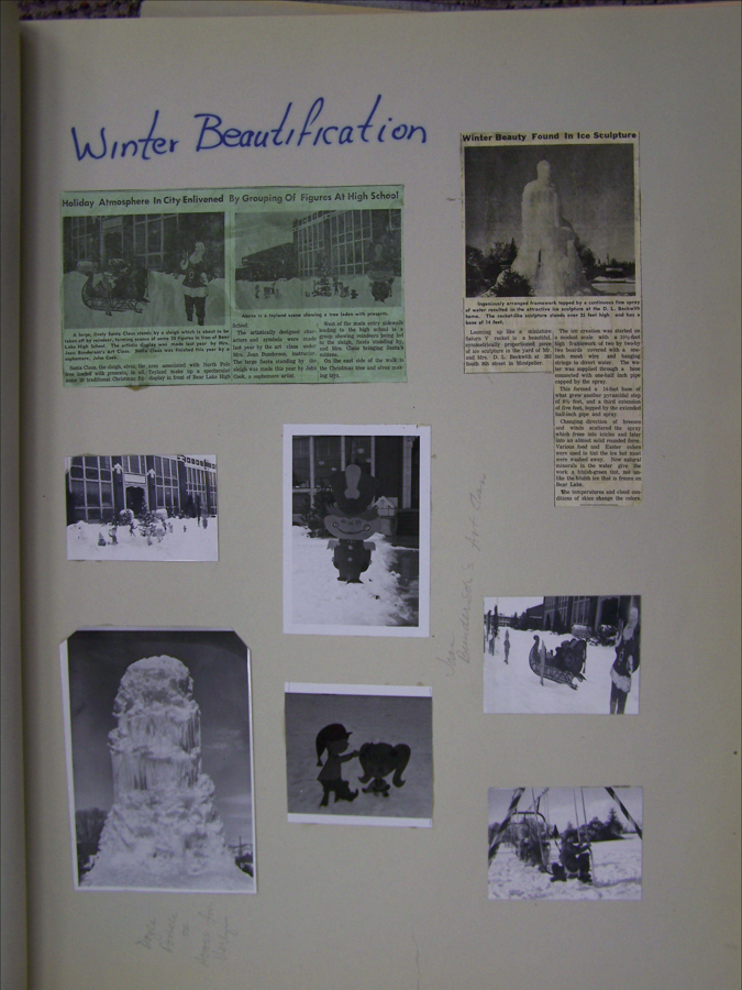 Title: Winter Beautification

The page contains multiple photographs and newspaper clippings about winter events. One clipping is titled "Holiday Atmosphere In City Enlivened By Grouping Of Figures At High School" and another says "Winter Beauty Found In Ice Sculpture." Images include a large ice sculpture, festive figures in snow near a building, children with a sleigh, and a small winter carnival scene. Handwritten text near the images labels some as "Snowman & Mrs. Claus" and "Deer Lake."