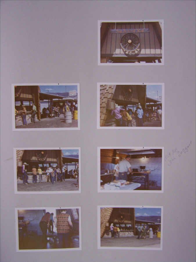 A collage of seven images depicting various scenes. The top-left shows a sign with a wagon wheel and text. Next to it, people are gathered outside a building with a similar wheel decoration. Another image captures a group of people standing in front of the building. Inside, a man is cooking in a kitchen, with a counter covered in food items. The bottom images show individuals engaging in different activities, such as working near stoves and mingling outside. At the top-right corner of the collage, there is handwriting that reads "Mr. & Mrs. John Sogge.”