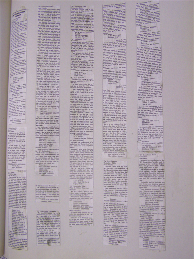 A sheet of paper with several columns of typed text, possibly clippings from articles or letters. The text appears to discuss topics related to restoration efforts and personal notes. Names and locations, such as "Palo Alto" and "Huntington Park," are mentioned alongside various narrative excerpts.