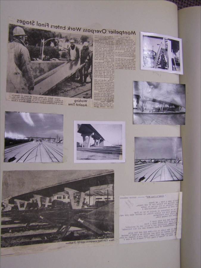 A collection of newspaper clippings and photographs is arranged on a page. In the upper left corner, an article titled "Montpelier Overpass Work Enters Final Stages" features an image of several workers handling concrete on a construction site. Other photographs on the page depict bridges, construction scenes, and railways. A text fragment mentions "new 290-foot overpass cost $1.3 million". Handwritten notes are visible near some images.