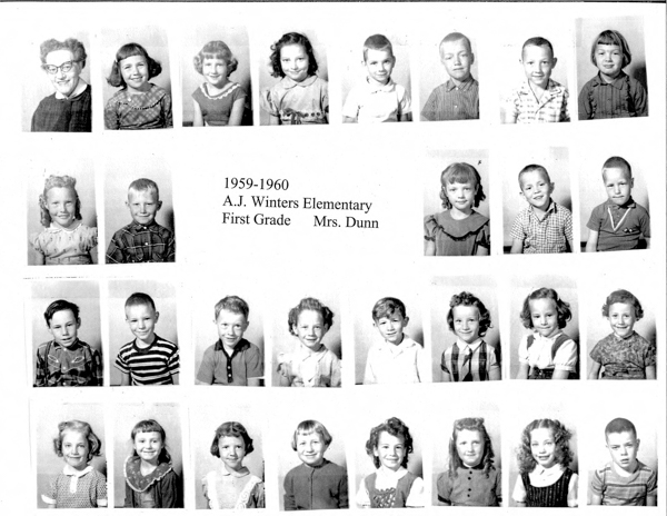 A collection of individual portraits of children and one adult organized into four rows. The adult is at the top left. Each child has a distinct pose and expression. In the middle, there is text that reads: "1959-1960 A.J. Winters Elementary First Grade Mrs. Dunn."