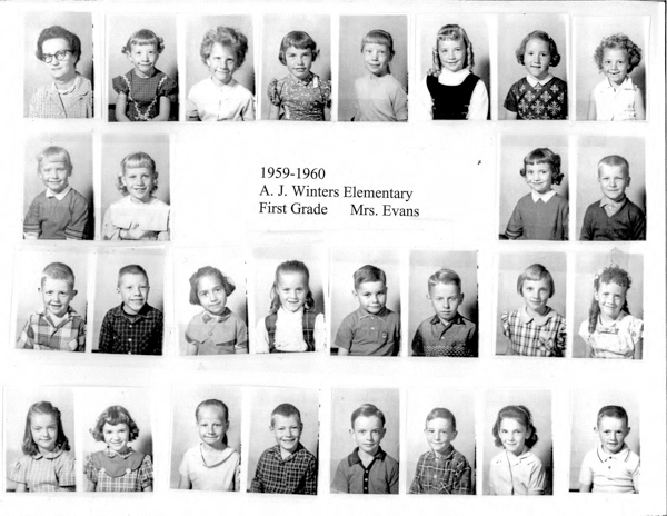 A grid of school portraits depicting young children and one adult. There are four rows of smaller portraits. To the right of the first two rows, text reads: "1959-1960 A. J. Winters Elementary First Grade Mrs. Evans." The children are shown from the shoulders up, and they are wearing a variety of clothes including dresses, shirts, and sweaters. The adult appears to be at the top left.