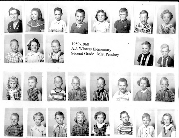 A grid of individual portraits of children and one adult, possibly a teacher, wearing various outfits. In the center of the image, there is text that reads "1959-1960 A.J. Winters Elementary Second Grade Mrs. Pendrey." The rows show the children in different styles of shirts and dresses.