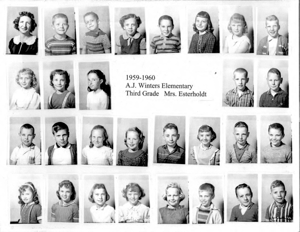 Rows of individual portraits of children and a woman. Centered text reads: "1959-1960 A.J. Winters Elementary Third Grade Mrs. Esterholdt."