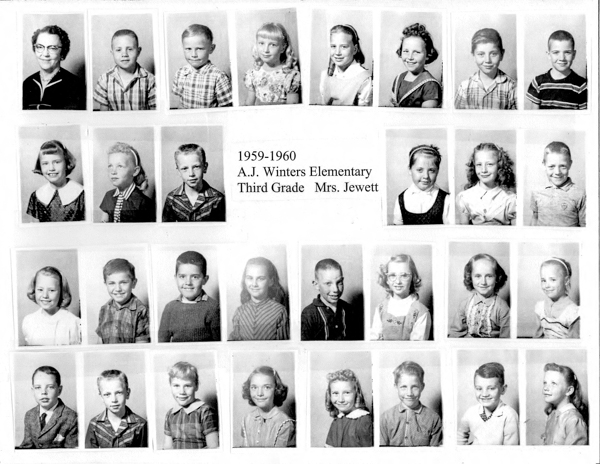 Rows of individual portraits featuring children and a woman. The text reads "1959-1960 A.J. Winters Elementary Third Grade Mrs. Jewett."