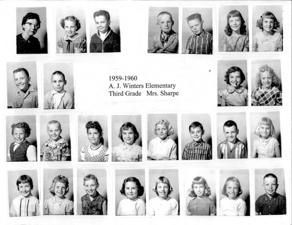 A collection of headshots featuring a woman and several children arranged in rows. In the center, text reads: "1959-1960 A. J. Winters Elementary Third Grade Mrs. Sharpe."