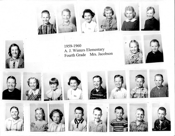A collection of individual portraits arranged in rows. In the center, text reads: "1959-1960 A. J. Winters Elementary Fourth Grade Mrs. Jacobson." Each portrait features a child, and there is one adult among them, likely the teacher. The children are smiling, and most of them are dressed in light-colored clothing.