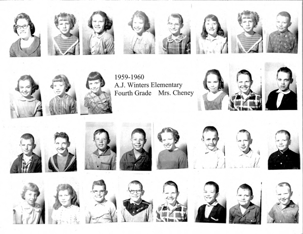 A collection of small portrait images featuring children. There are four rows of school portraits, each depicting young boys and girls, all facing forward. In the center is text that reads: "1959-1960 A.J. Winters Elementary Fourth Grade Mrs. Cheney."