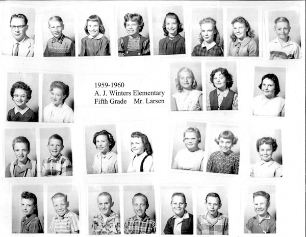 A collection of individual portrait photographs arranged in rows, showing children and one adult. The adult is on the top left, wearing glasses and a tie. The children vary in attire, including dresses and shirts. Text indicates the year as 1959-1960 and the location as A. J. Winters Elementary, Fifth Grade, with Mr. Larsen.