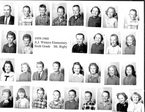 A group of individual portraits arranged in a grid. The text reads: "1959-1960 A.J. Winters Elementary Sixth Grade Mr. Rigby." There are multiple rows, each containing several children's portraits along with one adult, likely a teacher.