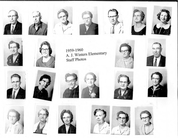 A collection of individual portraits arranged in a grid. Each portrait features a person with various expressions and attire, including suits, dresses, and glasses. In the center, text reads "1959-1960 A. J. Winters Elementary Staff Photos."