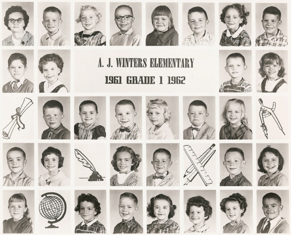A collage of individual portraits showing children and one adult, who appears to be a teacher. Each child is dressed in early 1960s attire. In the center, text reads "A. J. Winters Elementary 1961 Grade 1 1962." Surrounding the portraits are illustrations of educational symbols, including a diploma, quill and ink, compass, globe, and rulers.