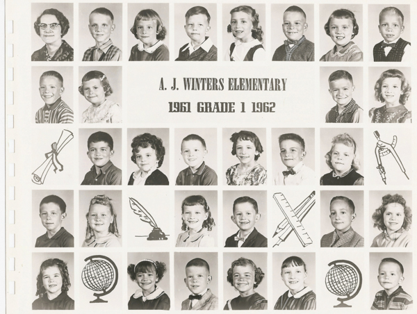 A collection of individual portraits arranged in rows featuring young children and an adult. The text in the center reads "A. J. Winter Elementary 1961 Grade 1 1962." Decorative images of school-related items like globes, quills, and rulers are interspersed among the portraits.