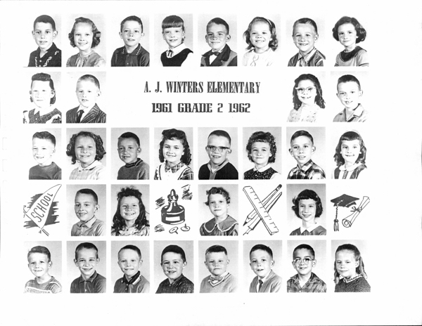 A grid of individual portraits featuring children. Above the portraits is the text "A. J. Winters Elementary 1961 Grade 2 1962." The portraits are organized in five rows, with images of school-related items like a pencil, ruler, and graduation cap interspersed among them.