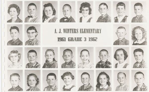 A series of individual portraits are arranged in rows, featuring children and one adult. Text in the center reads "A. J. Winters Elementary" "1961 Grade 3 1962." The images show smiling boys and girls, with various hairstyles and clothing typical of the early 1960s.