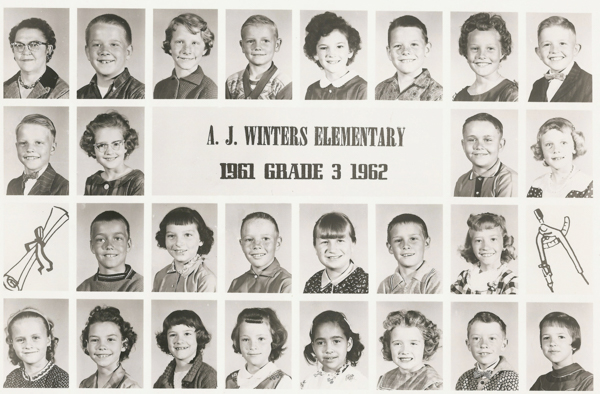 A grid of twenty-five individual portraits of children and one adult. In the center, there is text: "A. J. Winters Elementary 1961 Grade 3 1962." The surrounding images are arranged in rows. On the left, there is an illustration of a rolled-up diploma, and on the right, an illustration of a drawing compass.
